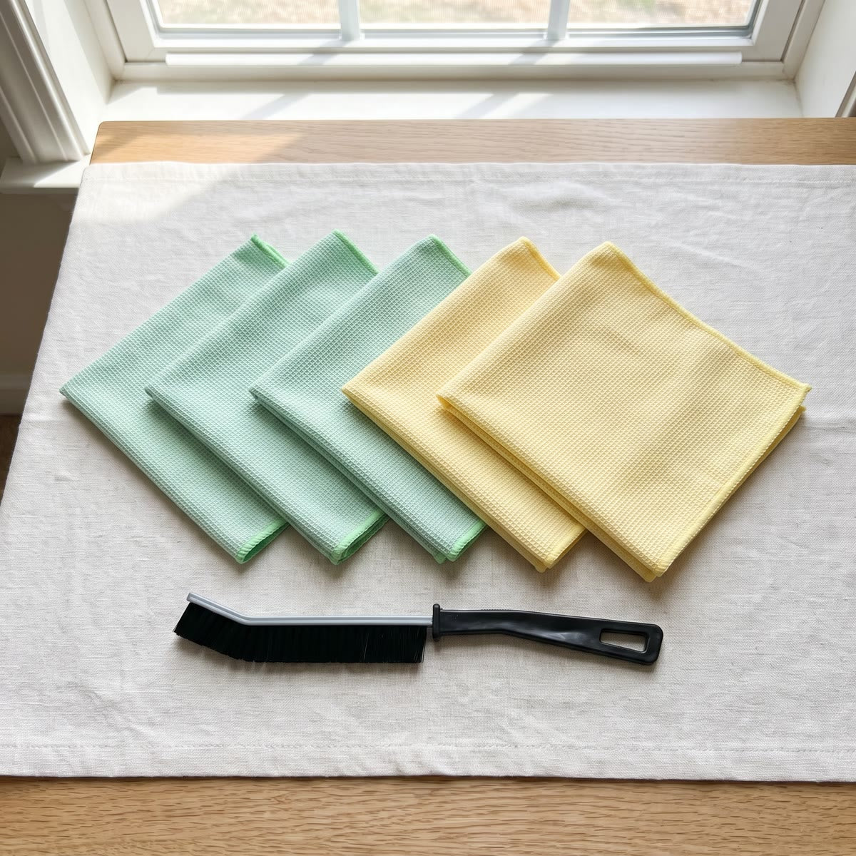 Illustration générée par IA : le Kit Vitres Maison Impec étalé sur une table claire, 3 microfibres vertes, 2 microfibres jaunes et une brosse fine noire
